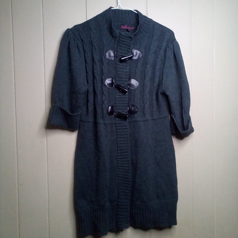 Takeout Sweater Dress L Juniors Women Full Zip Snap Cuffed Short Sleeve Gray